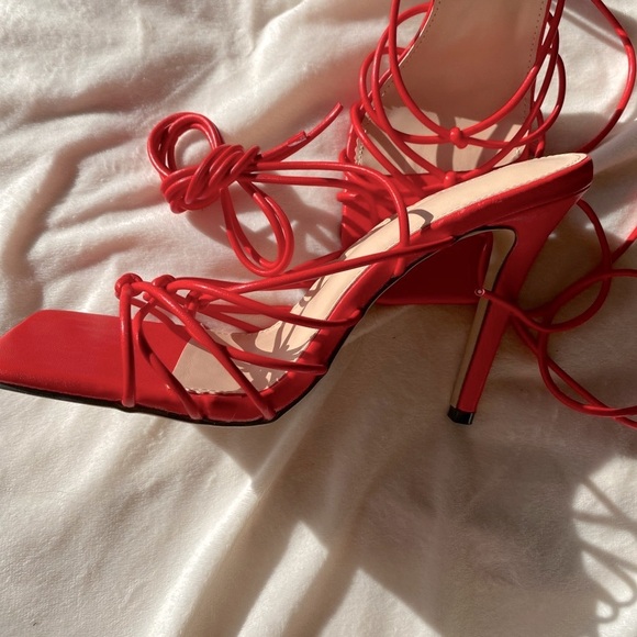 Red Strappy Square Toe Lace-Up Women's Heels - Picture 5 of 11